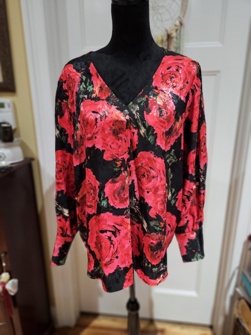 Rachel Zoe Black Blouse with Bold Red Rose Print